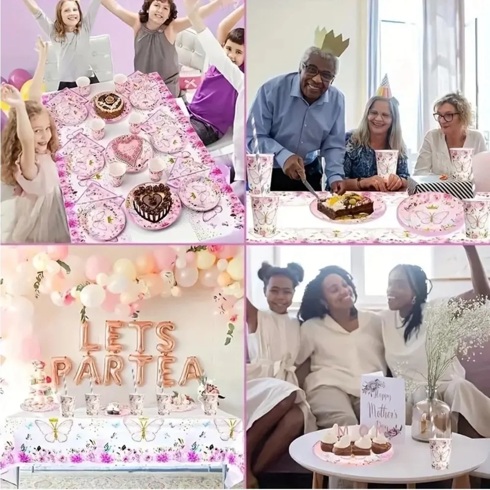 Pink Sparkle Butterfly Themed Birthday Party Tableware + Banner, Set of 102 pcs